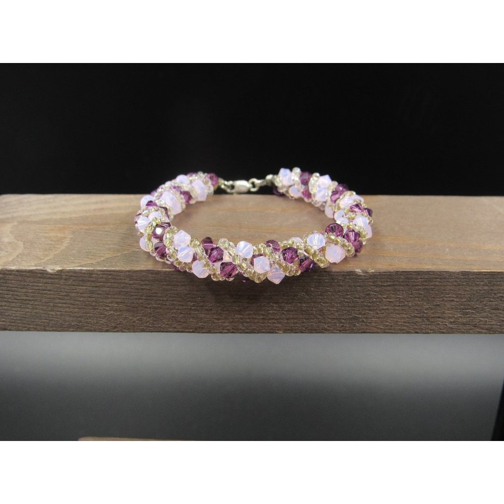 7" Sterling Silver Handmade Woven Pink Purple Crystal Bracelet Vintage Elegant